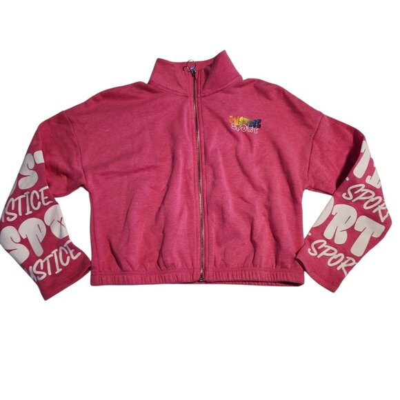 Justice Sport Girls Pink Zip Up Sweatshirt Sweat Shirt Rainbow Logo NEW NWT - Picture 1 of 11